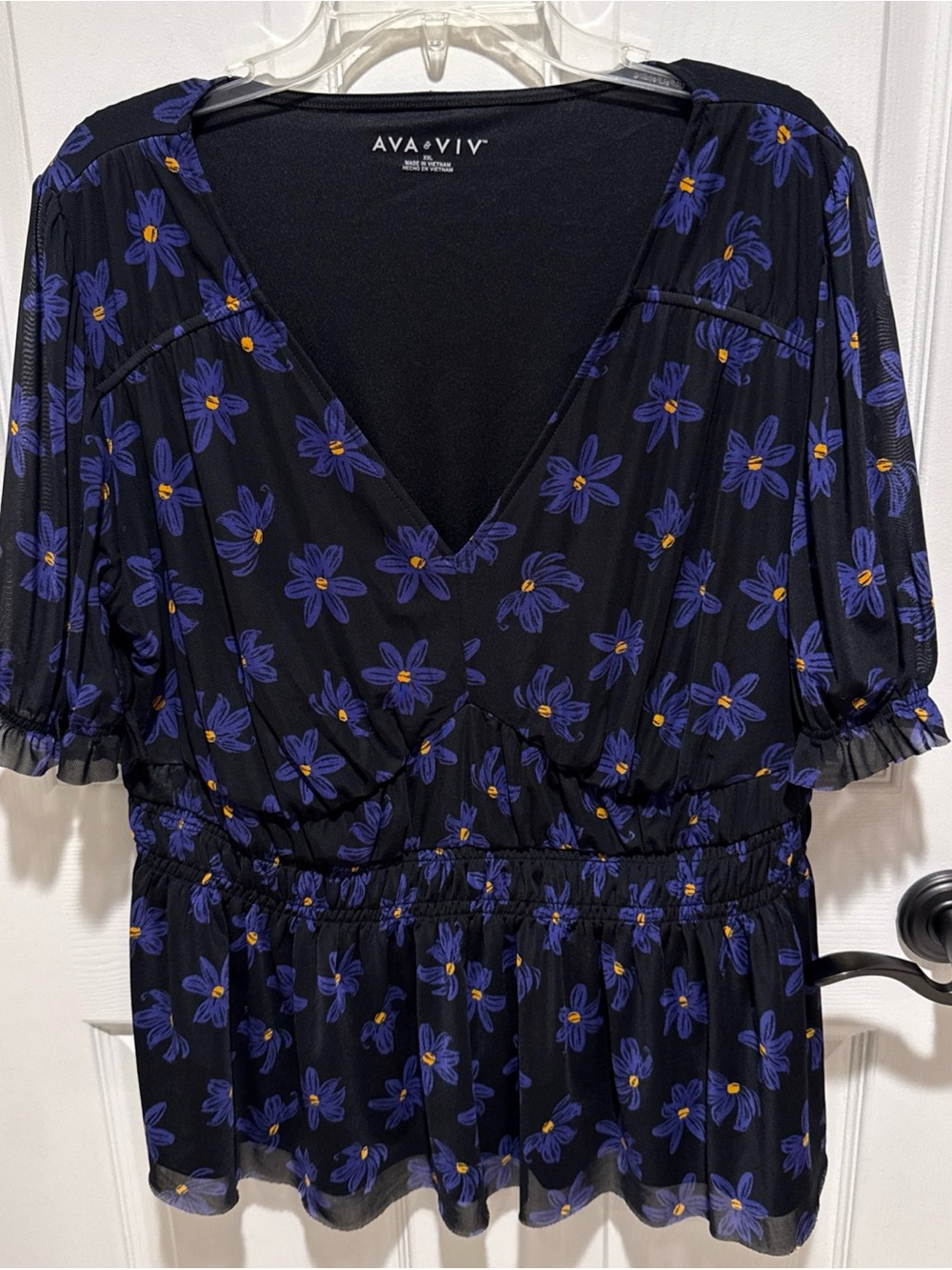 Ava & Viv Women’s Blouse SZ XXL 2X Short Sleeve Sheer Ruched Waist Flowy Floral